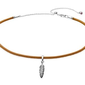 Pandora Silver and Golden Tan Leather Choker with Feather Charm